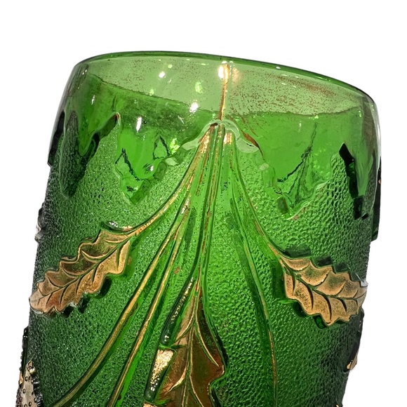 2 VINTAGE EARLY AMERICAN PATTERN GLASS DELAWARE EMERALD GREEN & GOLD VASES - Picture 13 of 16
